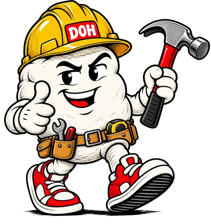 Dough Dohs mascot builder wearing a hard hat and holding a hammer
