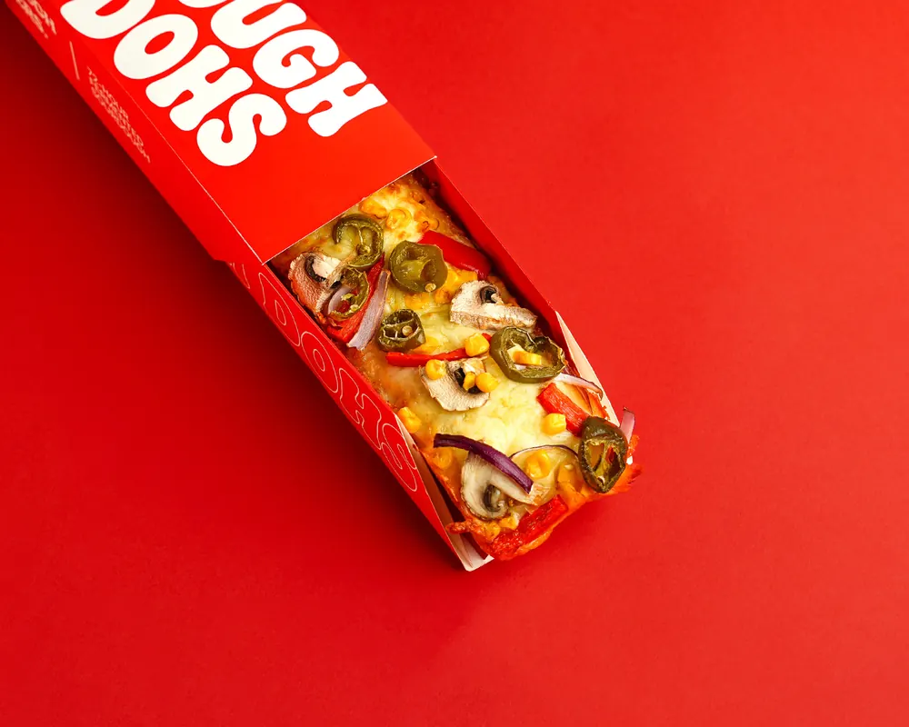 Dough Dohs Veg Out pizza in its branded red box