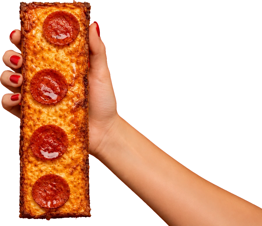 Real hand holding a long rectangular Detroit-style pepperoni slice