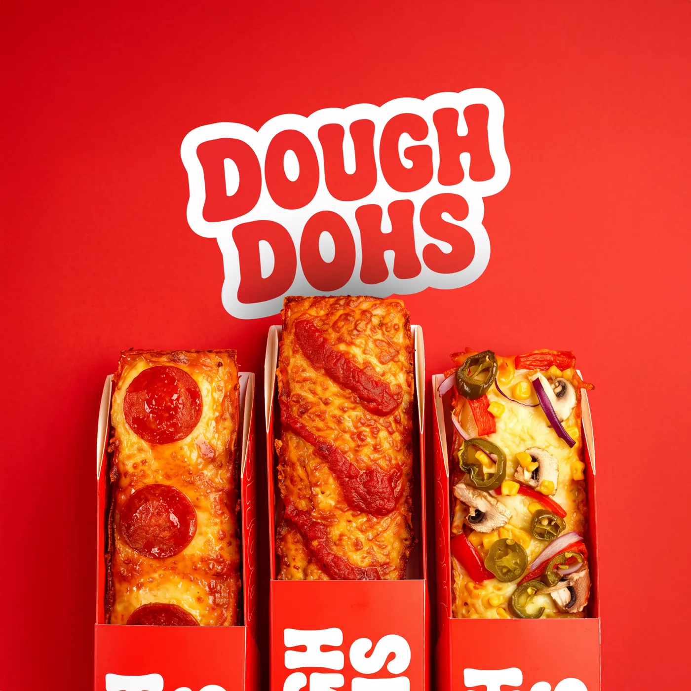 Three Dough Dohs pizzas in branded boxes beneath the logo