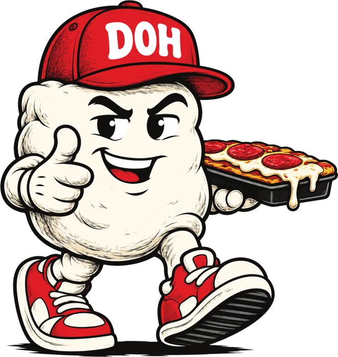Dough Dohs mascot in a DOH cap giving a thumbs up and holding a pizza