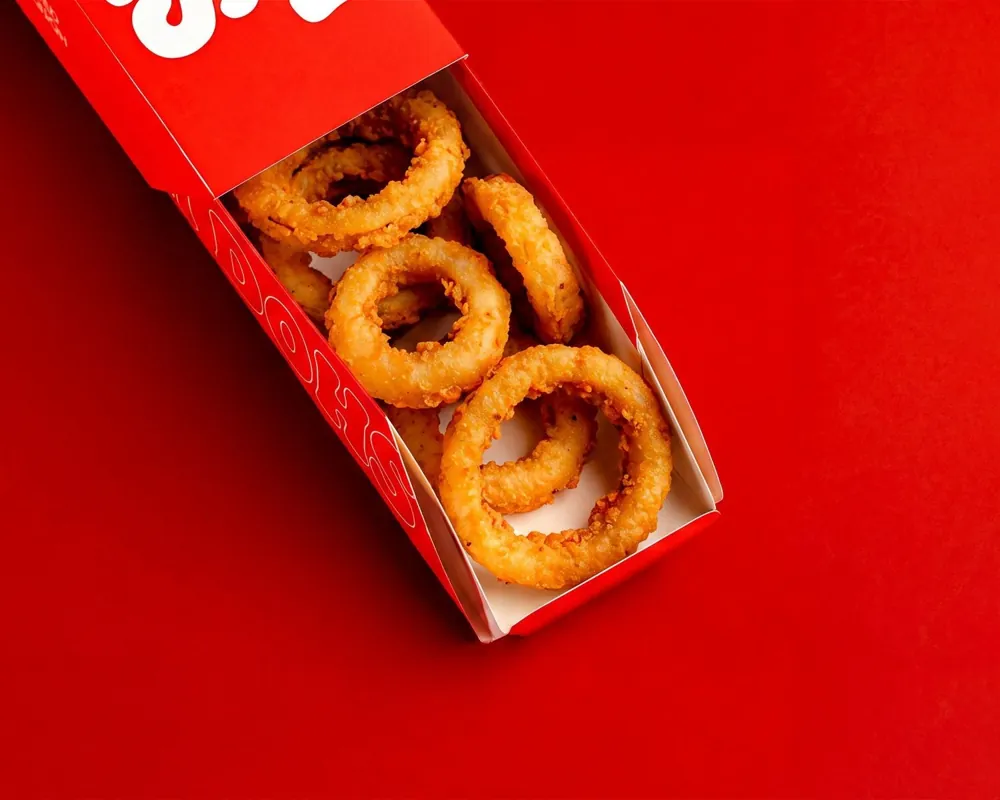 Dough Dohs Onion Rings in a branded red box