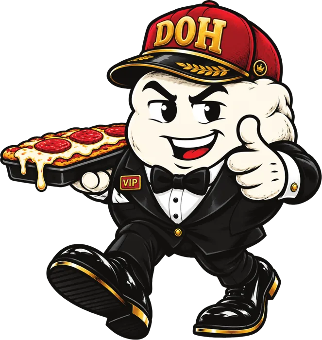 Dough Dohs VIP mascot in a tuxedo and gold-lettered DOH cap holding a pizza