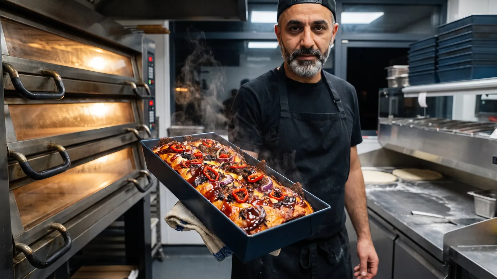 Pizza operator pulling a Detroit-style pan from a deck oven